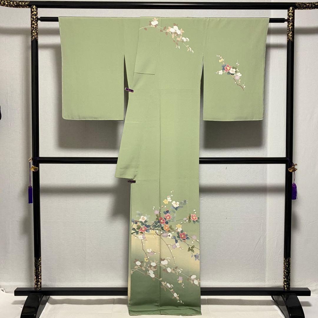 D311 訪問着 手描き友禅 花模様 正絹 着物 袷 しつけ糸付き未使用極美
