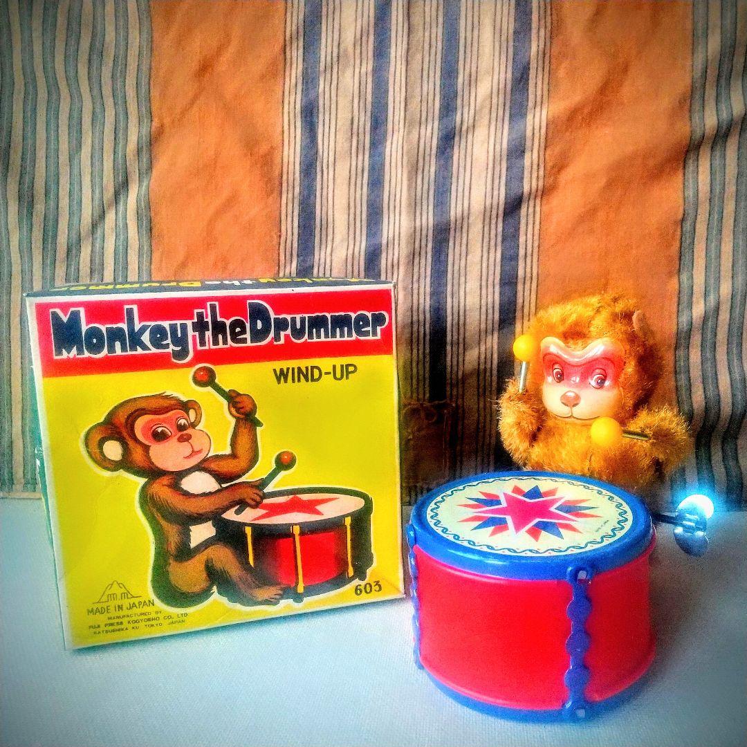 60s 日本製】ブリキ玩具 ゼンマイ式 サル 猿 太鼓 人形 昭和レトロ