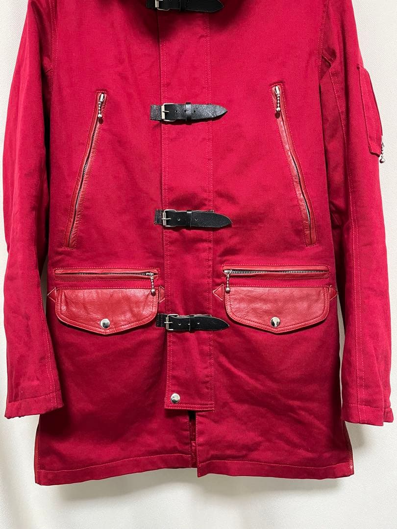 JIMSINN レザーパーツ使用 ベルト ファー付き ダック地 コート 赤 M