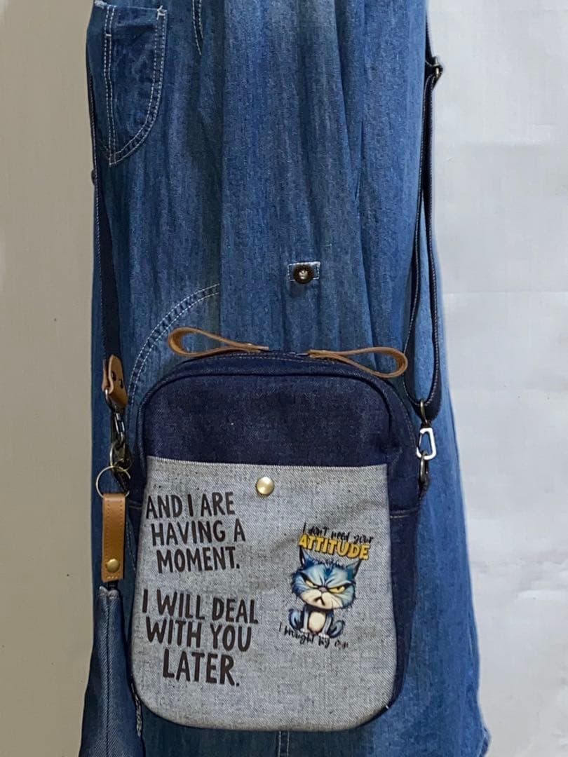 男女兼用☆岡山デニム♪ステンシル☆トラネコ☆Sサイズ☆3wayボストン 男女