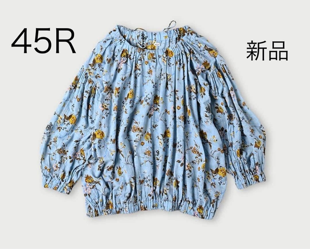 新品45R 45ガーゼアンティークフラワープリントのシャーリングブラウス 花
