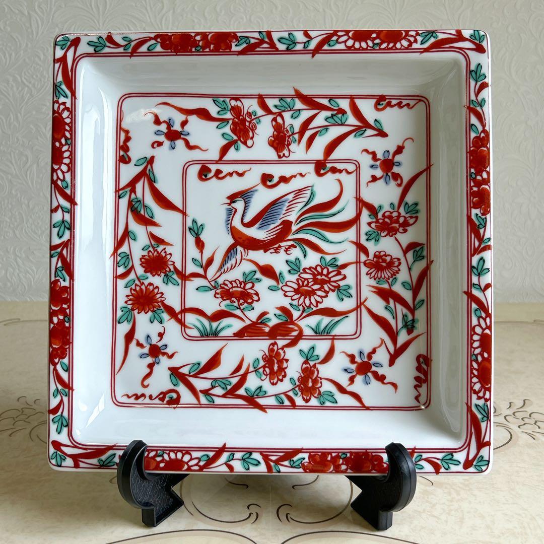 たち吉 赤絵花鳥 鳳凰 大皿 盛皿 角皿 スクエア 清水焼 和食器 古